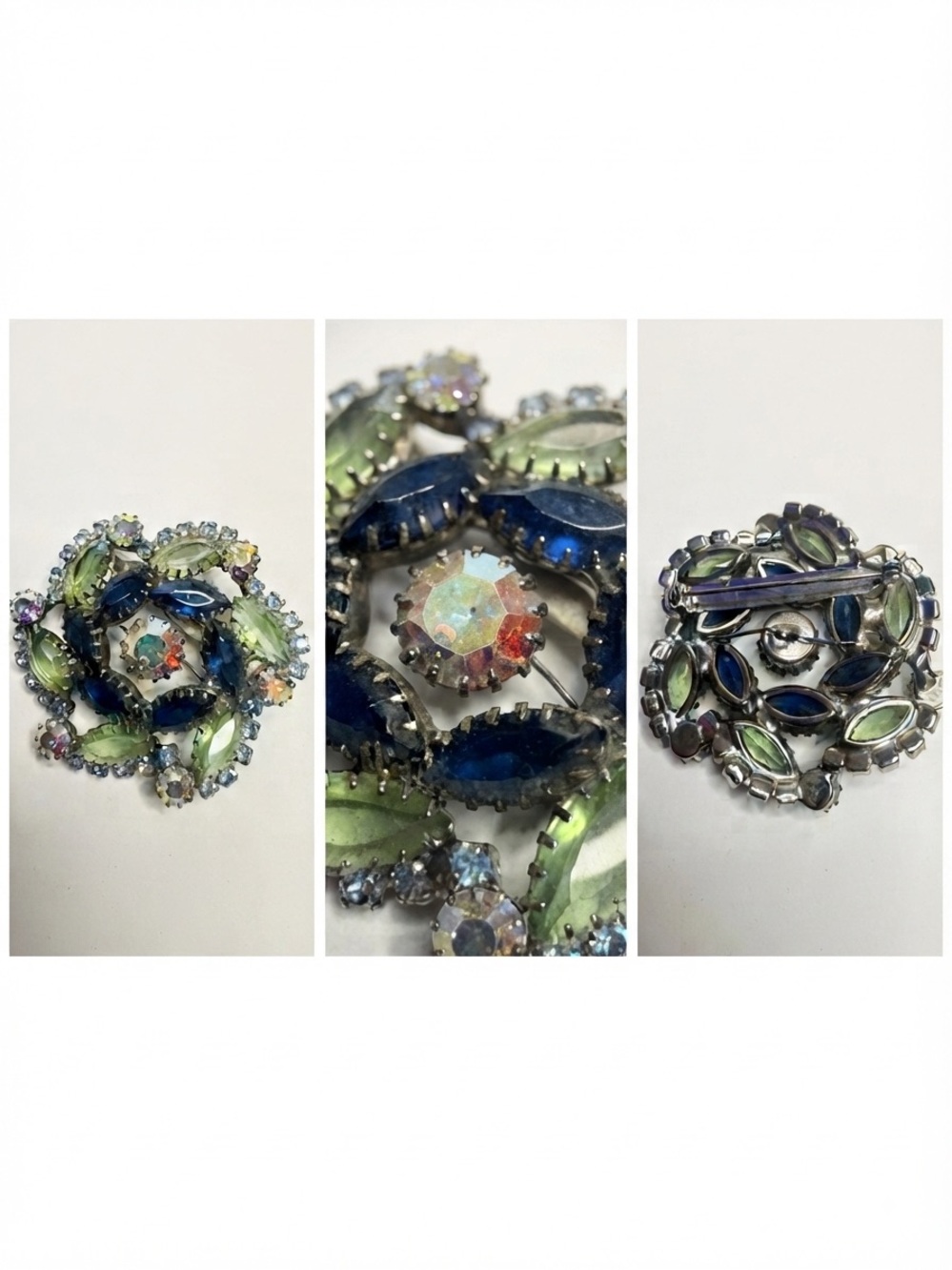 Vintage Multi-Color Rhinestone Floral Brooch - Blue & Green